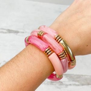 Prep Obsessed Pink Acrylic Tube Stretch Bracelet Set of 3